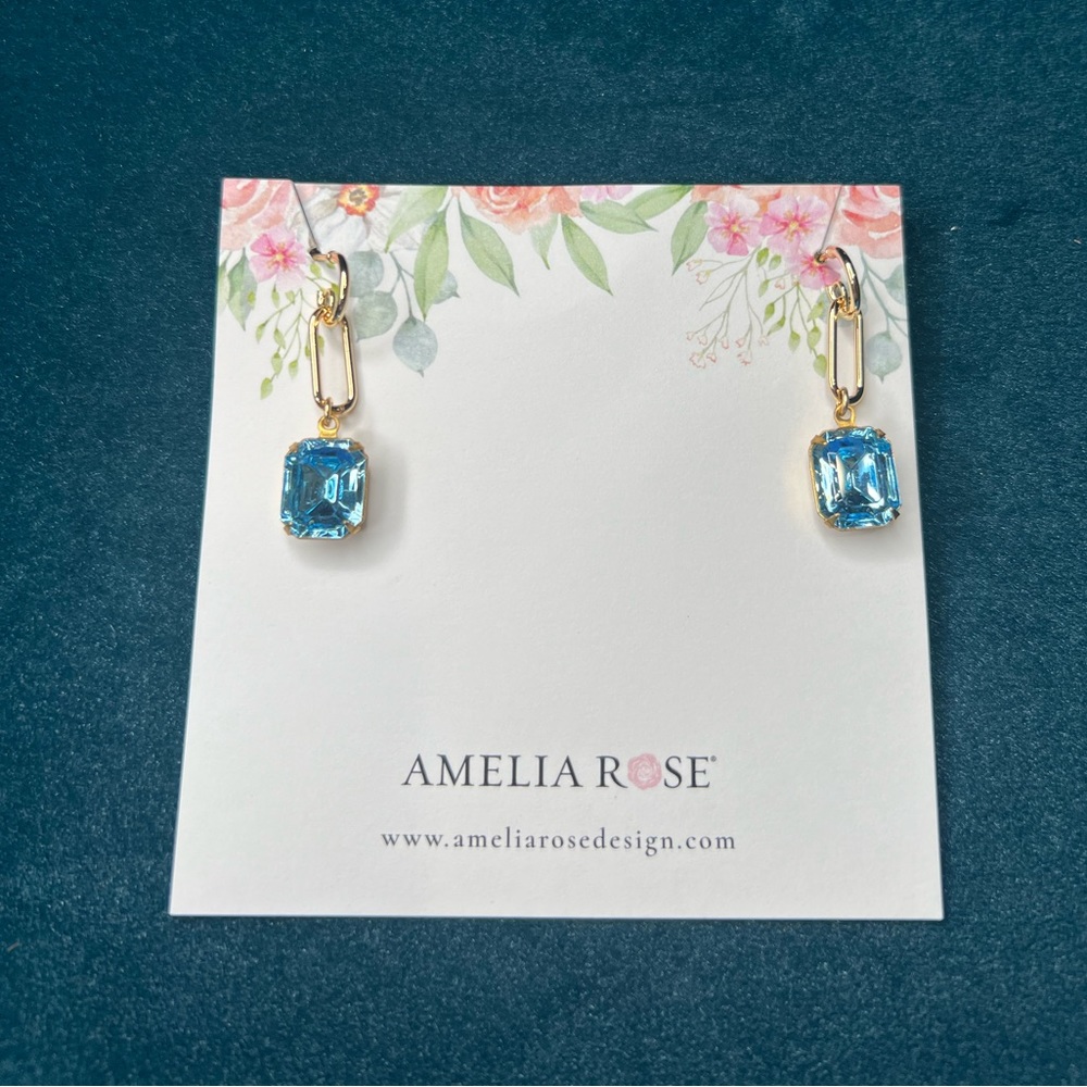 Amelia Rose gold drop earrings with emerald cut light blue gem stone! NWT!